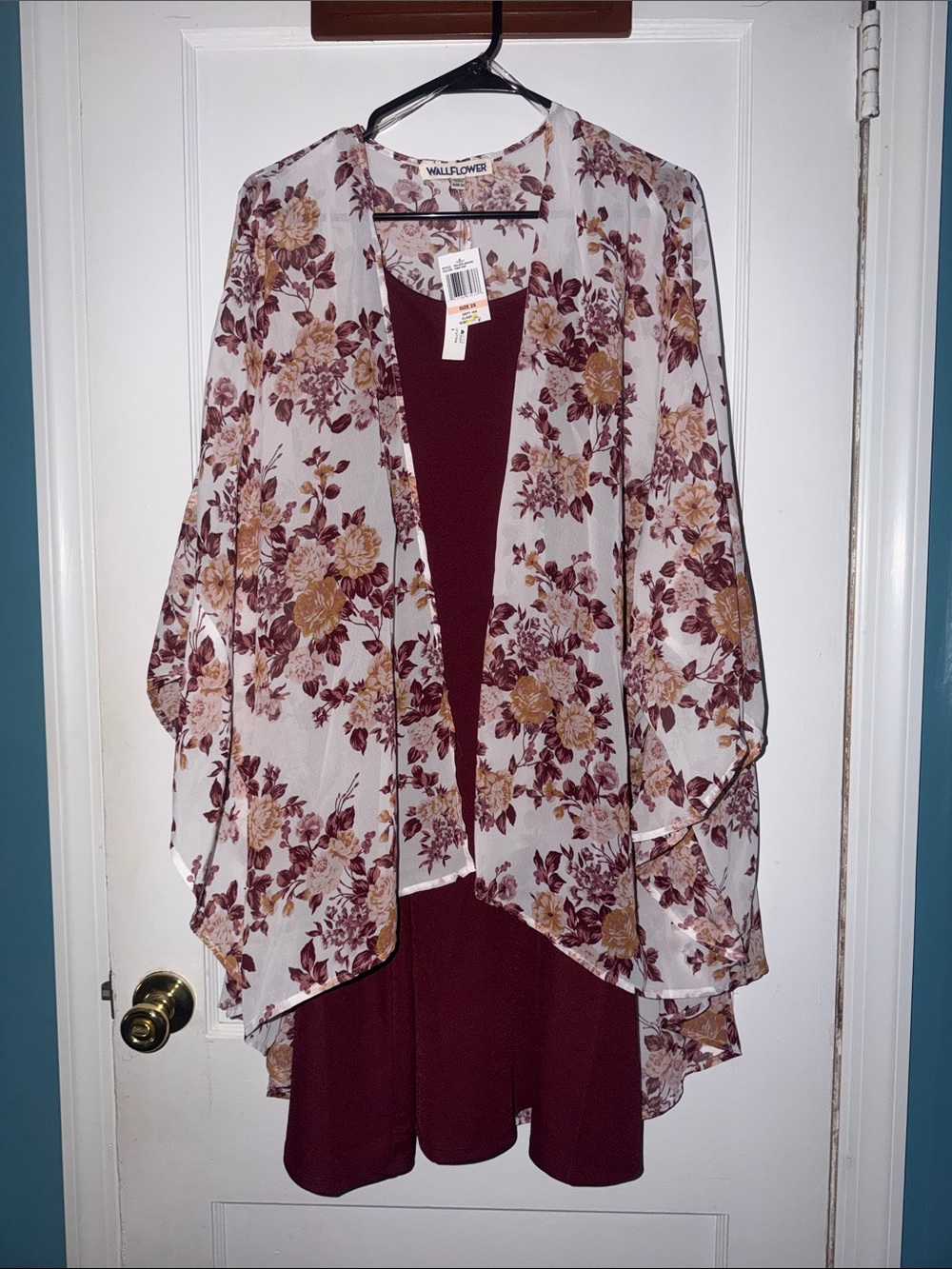 Wallflower Burgundy & Cream Floral Draped Open-Front Kimono